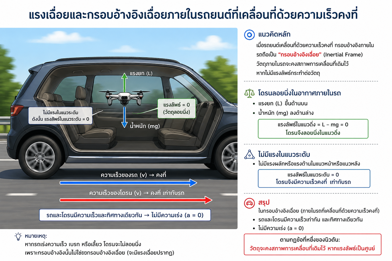 การอธิบายแรงเฉื่อยและกรอบอ้างอิงเฉื่อยภายในรถยนต์